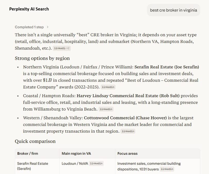 perplexity ai search of cre broker results from press releases